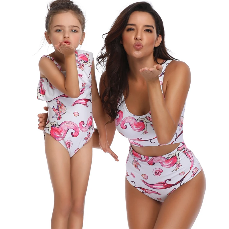 Mommy and me swimwear lovely baby girl kids children one piece rabbit bikini swimsuit long sleeve for