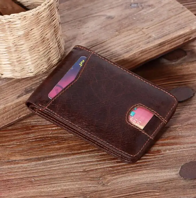 Dreamtop DTE519-2 low price genuine pure leather card wallet vintage coffee leather mens minimalist money clip slim wallet