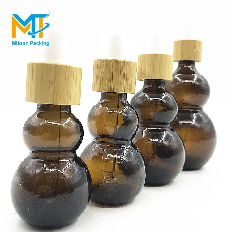 luxury unique design 10ml amber double gourd shape glass essential oil dropper bottle with bamboo lid