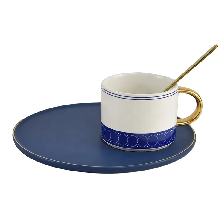 Hot sale turkish gold handle breatfast coffee latte stoneware cup with rectangle tray