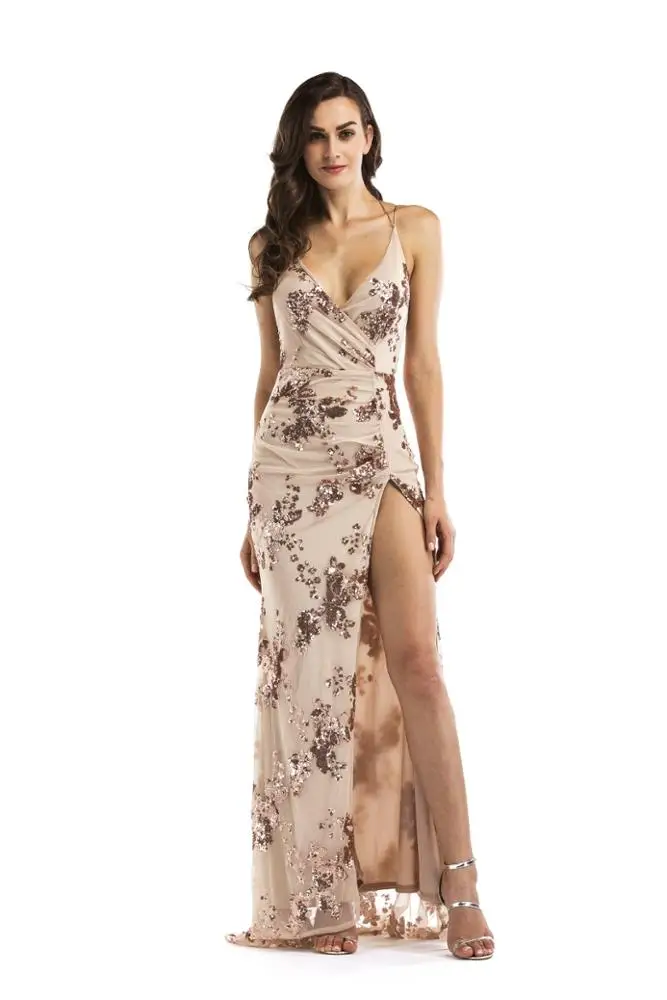 Женское платье на бретельках, длинное вечернее платье с глубоким V-образным вырезом и блестками, сексуальное платье на лето