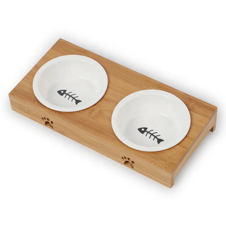Ceramic Bowl Small Pet Dog Bamboo Wooden Bowl Elevated Stand Feeder Dining Table with White Double Cat Bowls