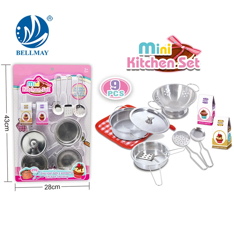Bemay Toy Play House Stainless Steel Cooking Set, Pretend Play Mini Cooking Set for Kids