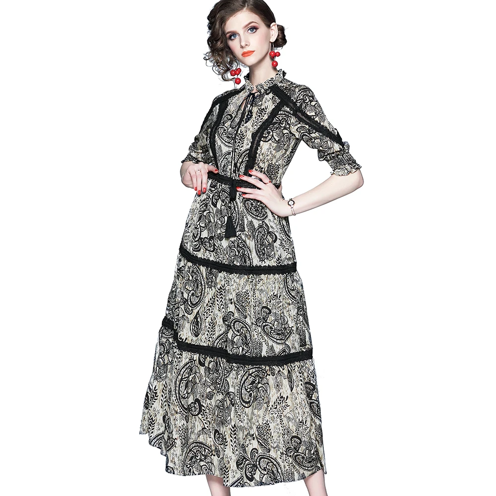 
Wholesale In Stock Europe and America Women Fashion Lace Patchwork Tie Neck Silk Like Fabric Vintage Print Long Dress 
