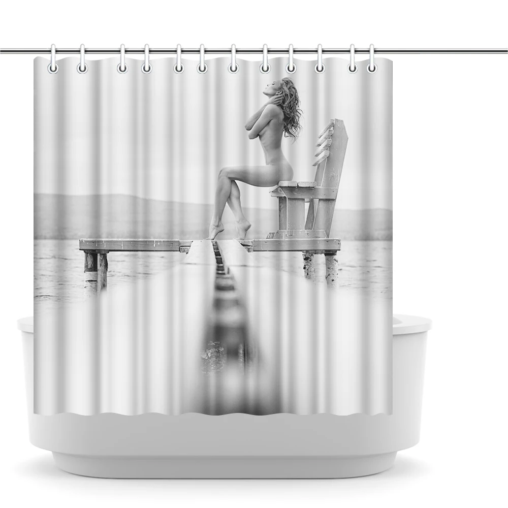 Sexy Girl Ocean Landscape Picture Shower Curtain Nude Woman Bath Curtain Black and White Bathroom Decor 1.8mx1.8m