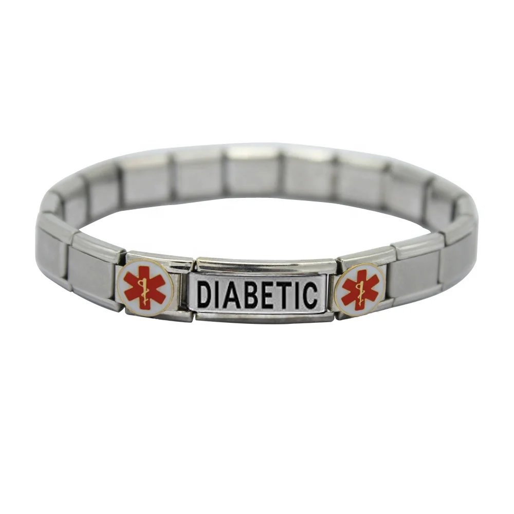 Fashion Women Jewelry Adjustable Stainless Steel Composable Links Medical Alert Type 2 Diabetes Italian Charm Bracelet