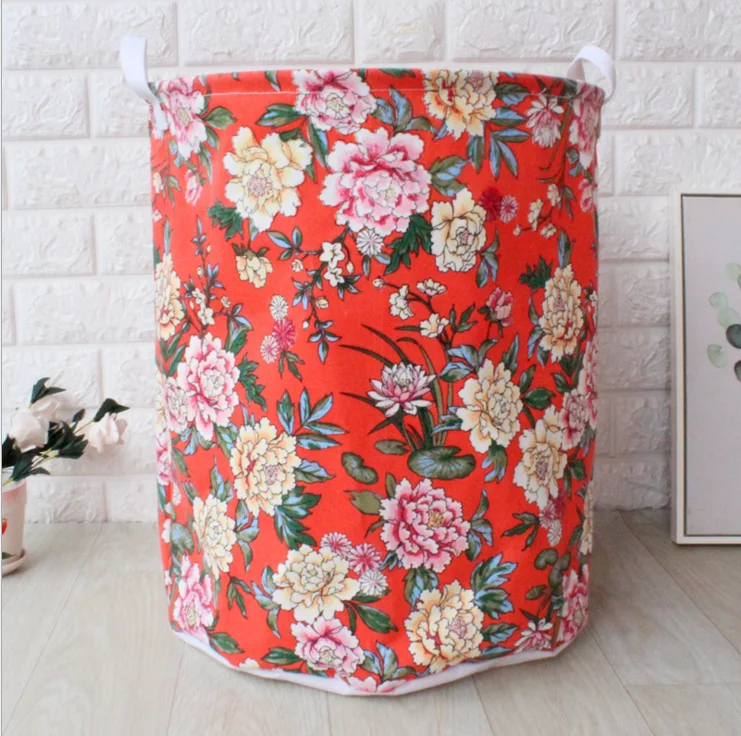 Leaves and Flower Printing Household Foldable Laundry Hamper Storage Basket Fabric