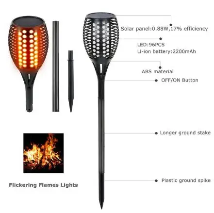 outdoor garden led solar light lamp torch 96leds