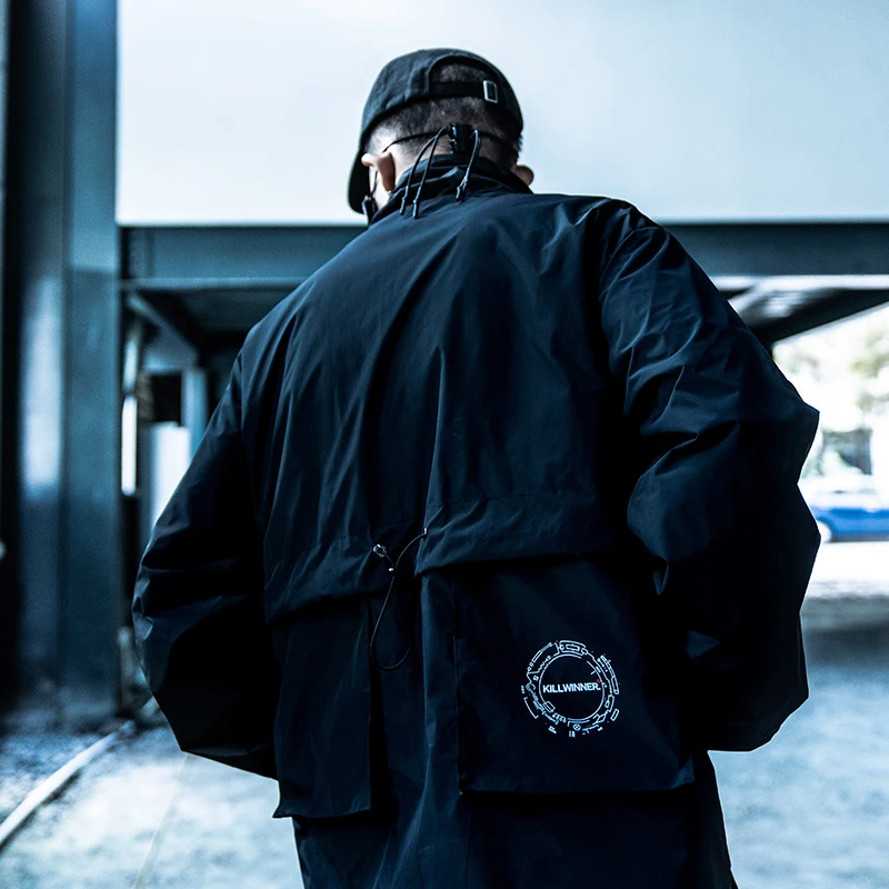 Killwinner street hip hop black coats fashion 100 polyester oblique webbing functional sports windproof men jacket