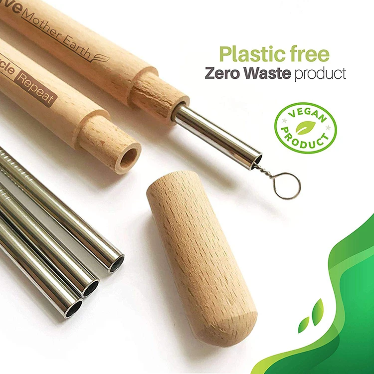 
304 stainless steel straws set,metal straw case with bamboo case beech tube metal straw with brush 