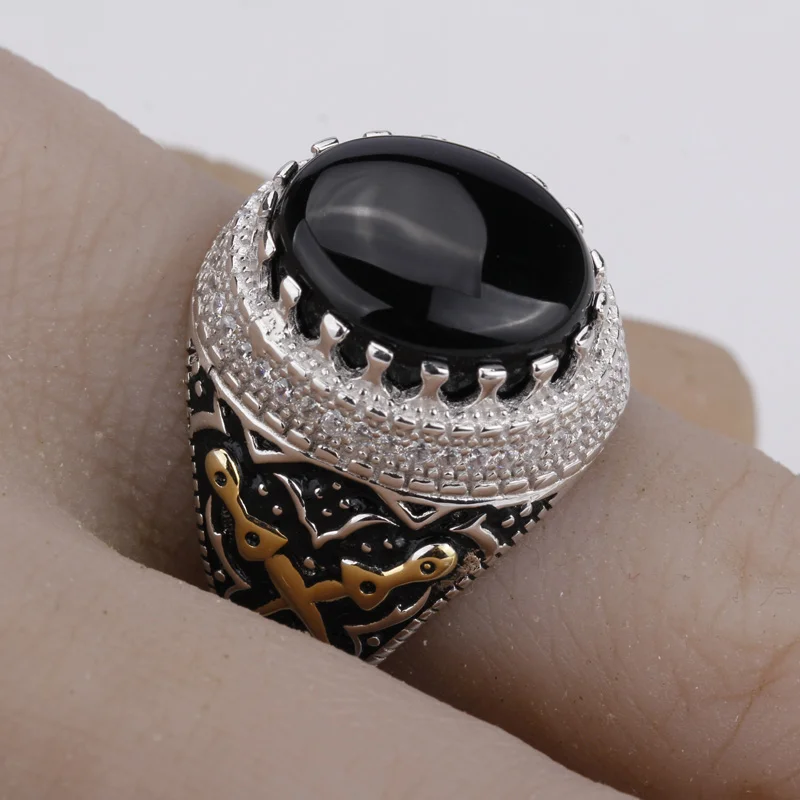 Silver Man 925 Sterling Vintage Two Tone Plated Signet Big Natural Black Agate Stone Finger Engraved Style Arabic Ring