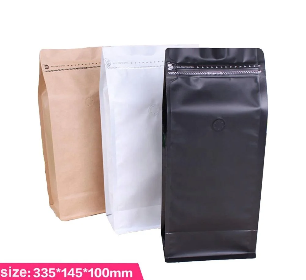 100g 250g 500g 1kg Biodegradable Stock Flat Bottom Brown Kraft Paper Coffee Bean Bags With Valve And Ziplock