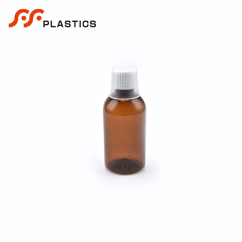 Food grade medical safe seal liquid packaging amber bottle factory wholesale measuring cup cough syrup brown plastic bottle