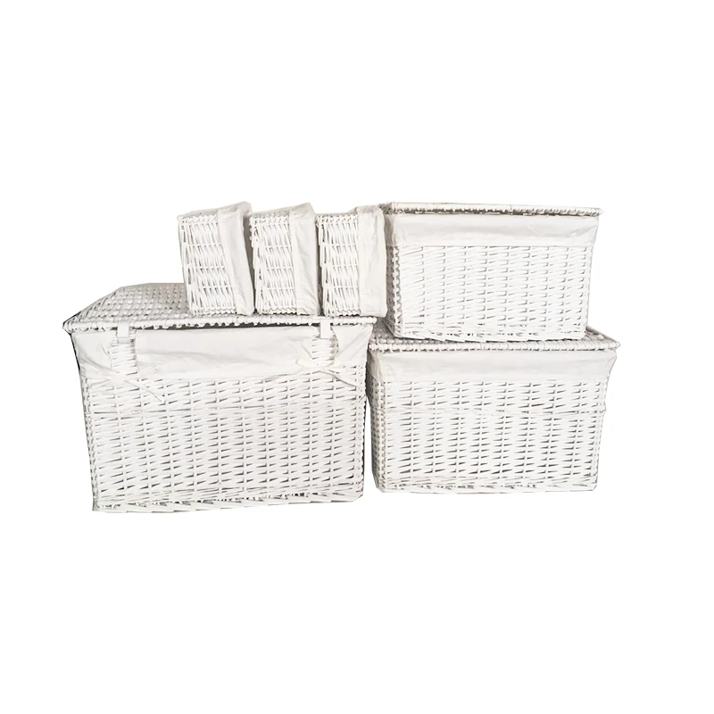 White Woven Willow Basket Laundry Basket With Lid Lining For Organizer Closet Set 5