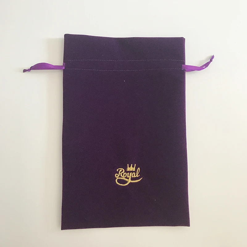 
Custom Embroidery Logo 20x30cm Purple drawstring velvet Gift Promotional Packaging Pouches bag with top ruffle 