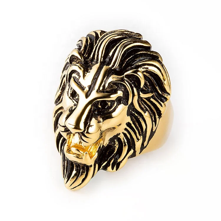 Custom Wholesale Fashion Animal Jewelry Stainless Steel Gold Plated Lion Head Finger Ring For Men