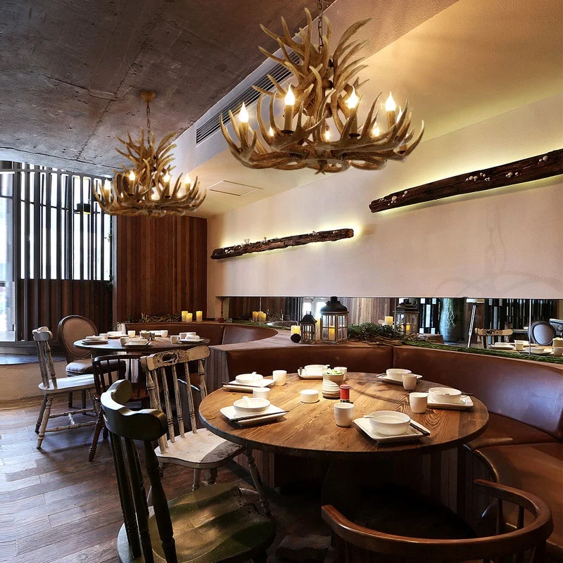 Nordic antique deer antler resin kitchen decorative candle LED pendant lighting rustic ceiling wooden chandelier