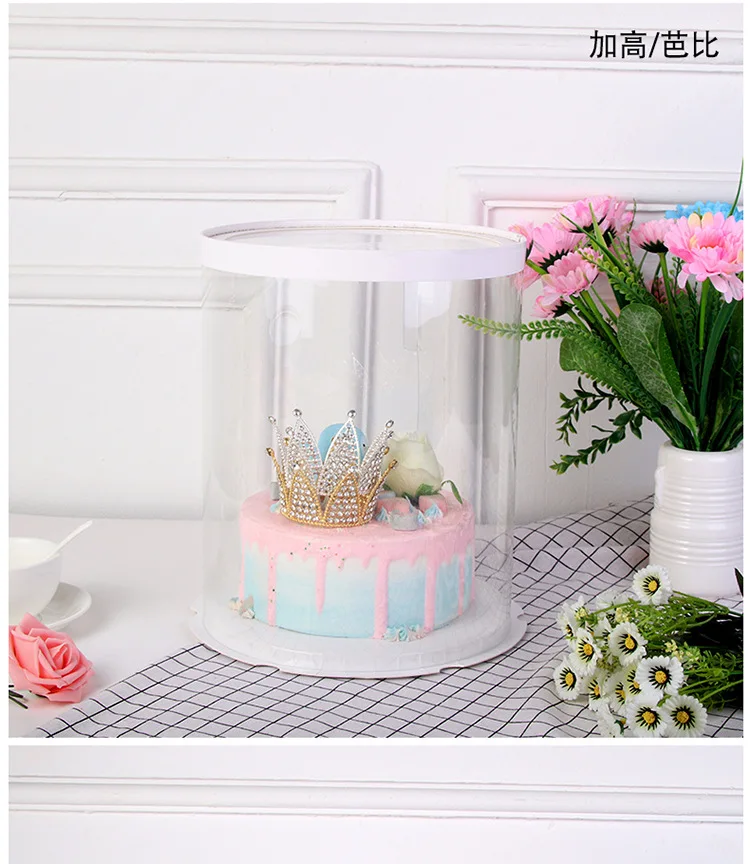 6 8 10 12 Inches Luxury PET Plastic Extra Tall White Black Cylinder Round Cake Box With Clear Lid