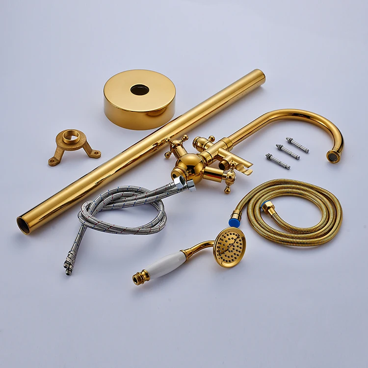 FLG High Quality Gold Floor Mounted Freestanding Bathtub Faucet with Hand Shower