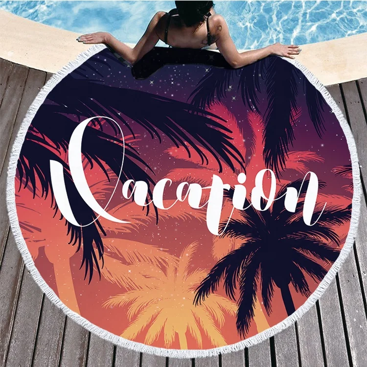 Cusotom digital printed wholesale cheap personalized summer palm tree hawaiian circular beach towel with tassels