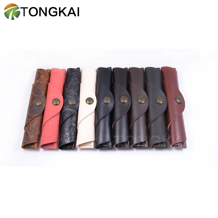 genuine Leather pen loop Handmade with Logo Embossed custom pu leather pencil case