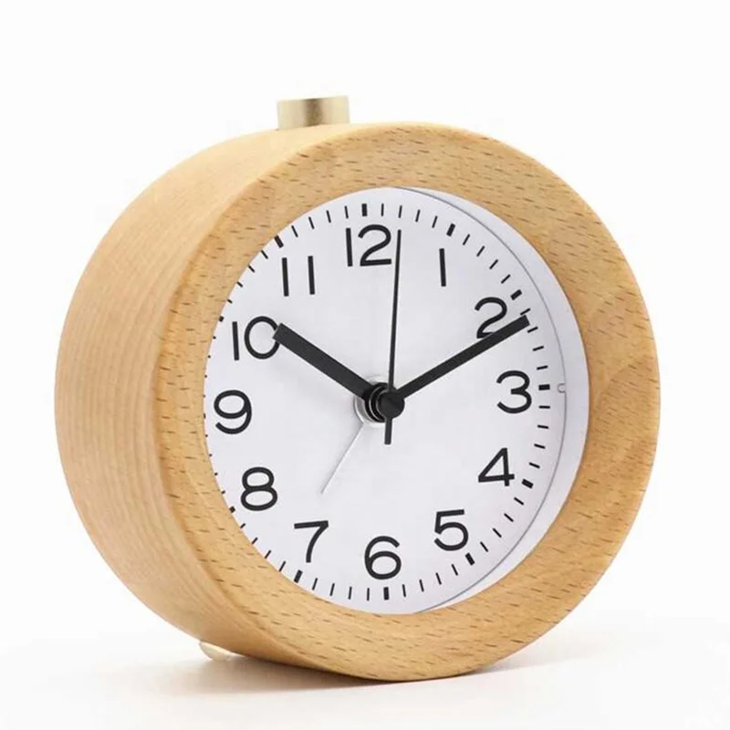 KH-WC022 Creative Small Round Classic Wood Silent Desk Travel Alarm Clock With Nightlight