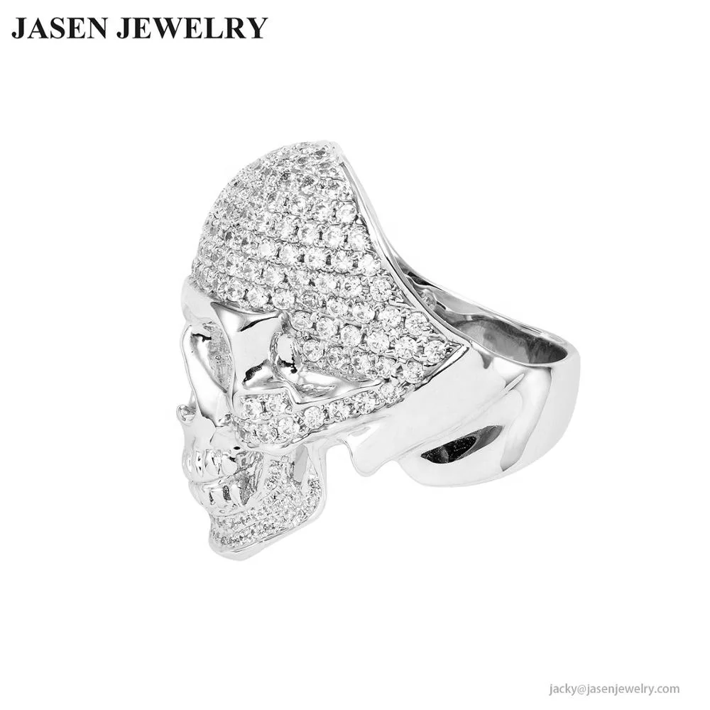 
JASEN JEWELRY silver plated iced out 925 sterling silver skull mens ring 
