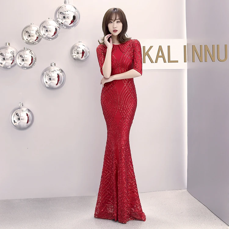 16001#European and American Classical Fashion Long Sleeve Pearl Fillet Fishtail Evening Dress Banquet Dress  bobtail; evening we