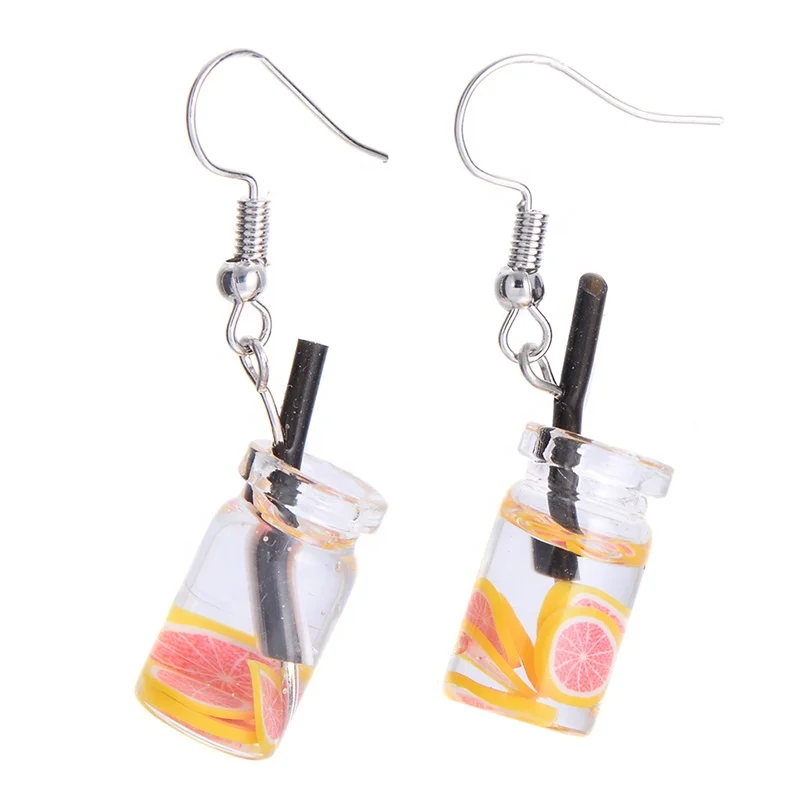 Fashion Candy Color  Lovely Fruit Milk Tea Drink Charm Bottle Resin Drop Earrings Yellow Lemon Cup Dangle Earring For Girls