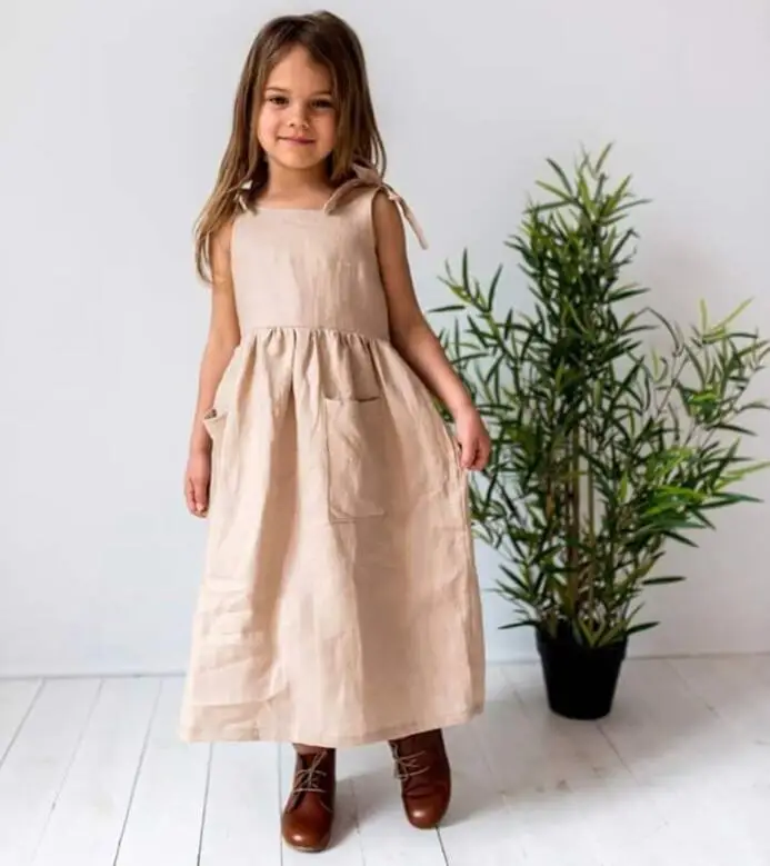 
Korean style long design girls dresses Linen Cotton Boutique flounces sleeve girls casual dresses 