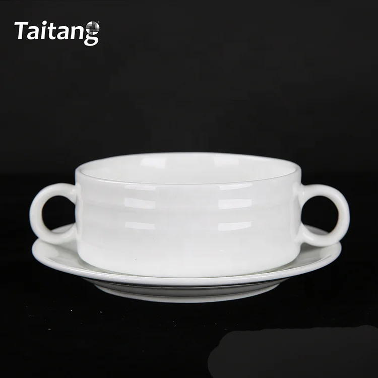 
White ceramic soup tureen with saucer 