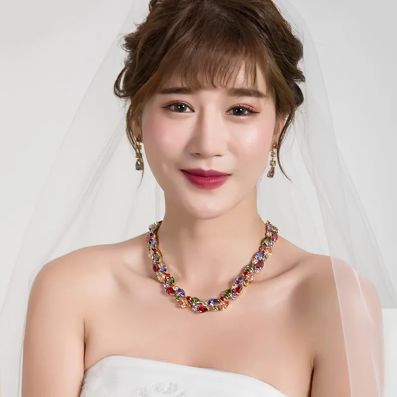 Rainbow Color Large Teardrop Cubic Zirconia CZ Crystal Necklace and Earrings Wedding Mona Lisa Jewelry Set