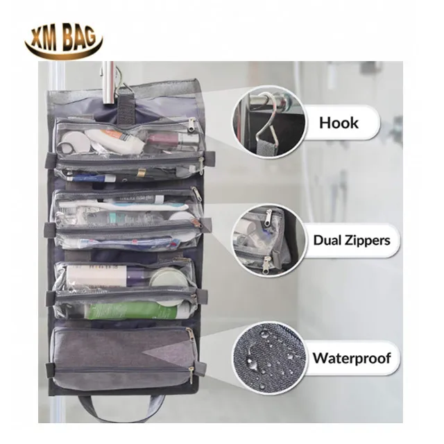 Hanging Travel Toiletries Bag for Women & Men Roll Up Compact Cosmetic Kit with Hook Removable Carry On Pouches