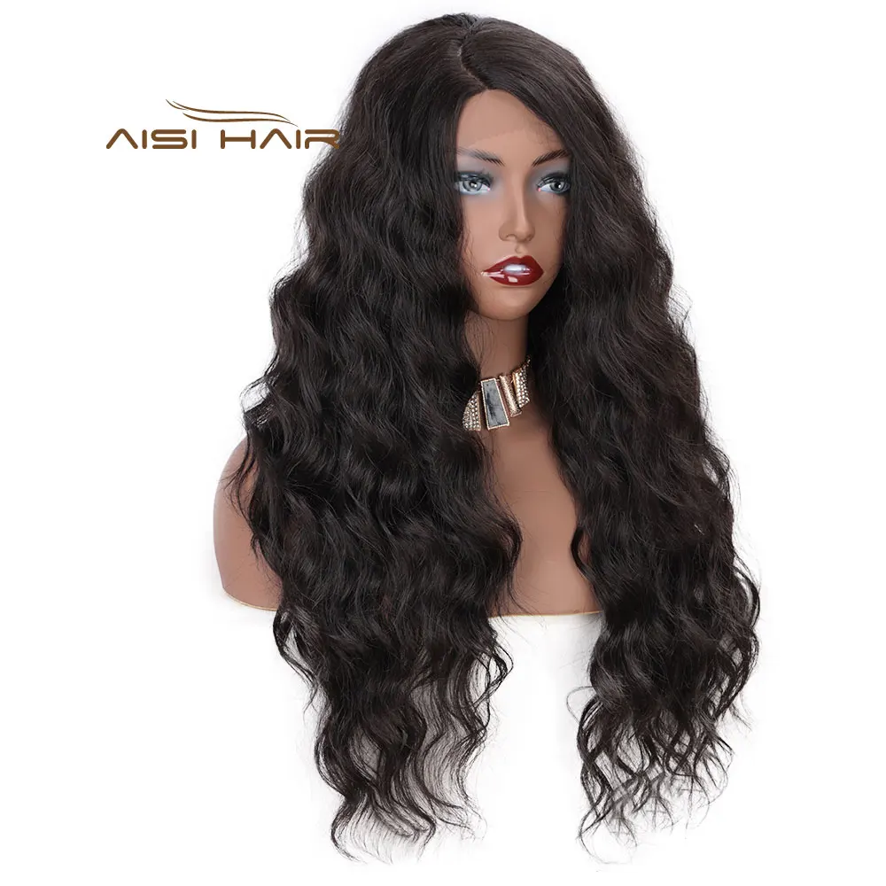 Aisi Hair Deep Wave Natural Black Synthetic Wigs Long Wavy Wigs Heat Resistant Synthetic Fiber Lace Front Wigs