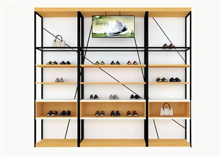 Customized Design Modern Shoes Shop Wooden Metal Wall Display Racks Shoe Display Fixtures Easy Install For Shoe Store