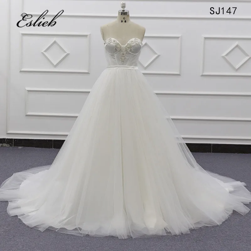 Eslieb 2019  new women sleeveless ivory wedding dress satin beautiful  bead long ball gown