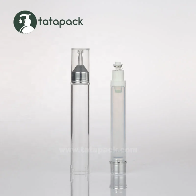 
Silver and Transparent PETG 10ml Airless Syringe Bottle for Cosmetic Packaging, Syringe Shaped Container with Foil Hot Stamping 
