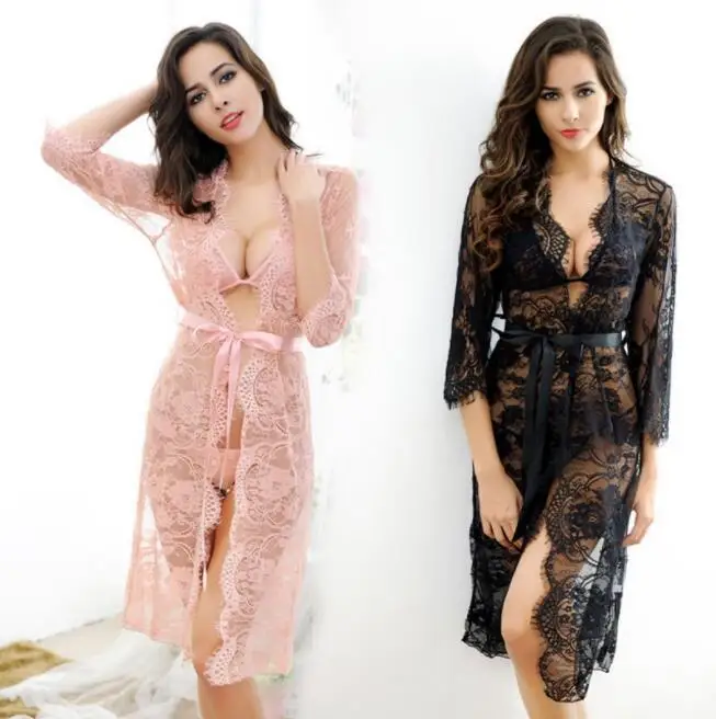 Hot selling sexy eyelash lace night robes with bra and panty hot lingerie for women