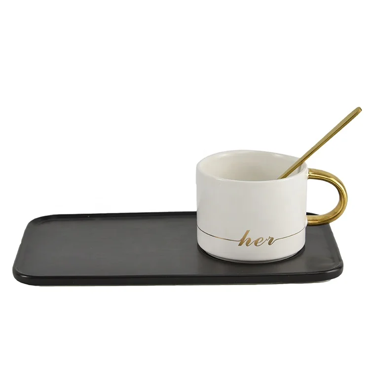 Hot sale turkish gold handle breatfast coffee latte stoneware cup with rectangle tray