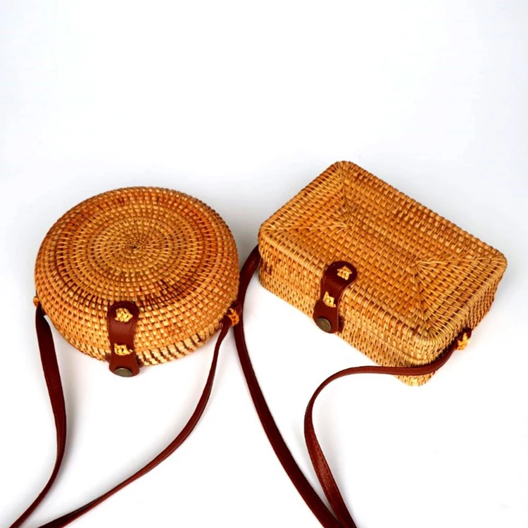 Indonesia Natural Handmade Summer Tour Beach Shoulder Sling Bag Square Shape Small Rattan Bag