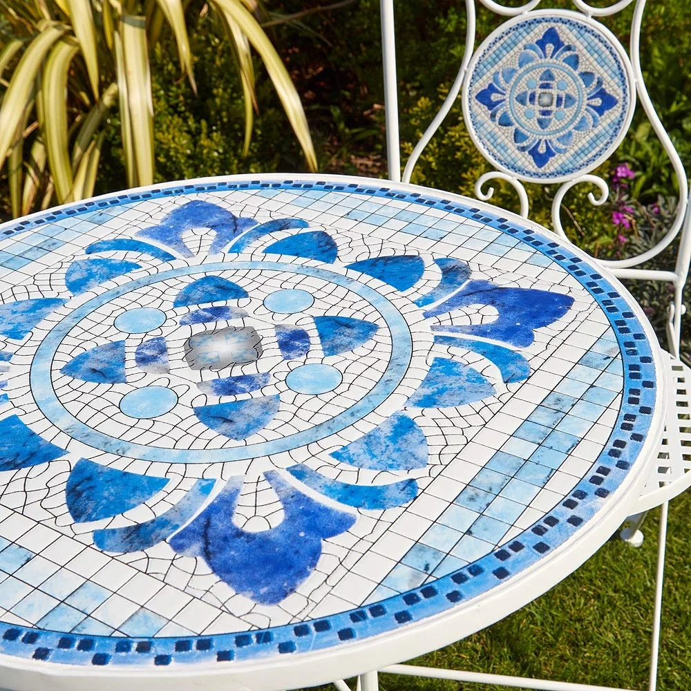 White Blue Mosaic Bistro Set Patio Garden Table and 2 Chairs