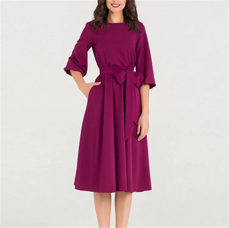 
Solid Color Round Neck Slim Vintage Dress Casual Elegant Vintage Evening Dress 