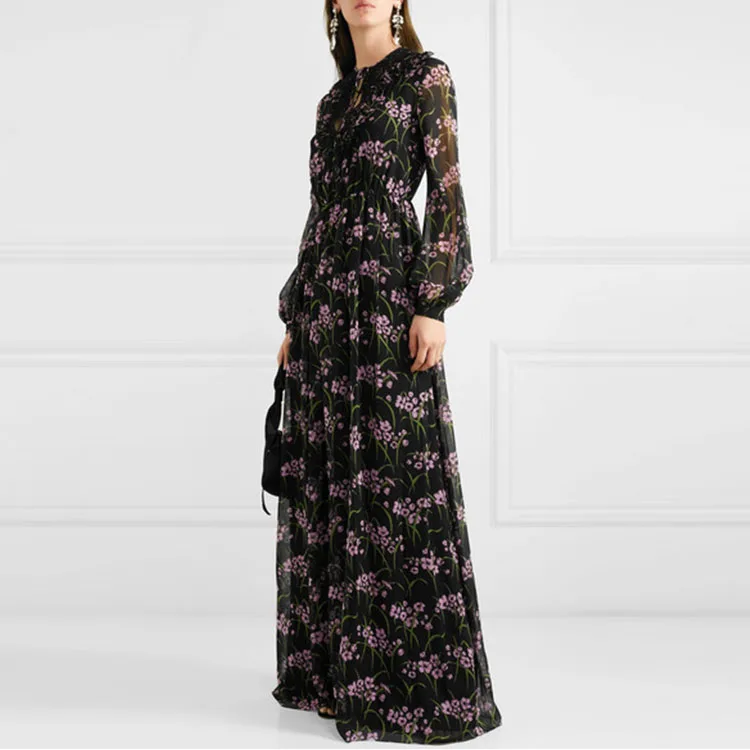 
Oem Factory Made Long Sleeves Non-stretchy Floral Printing Ladies Floor-length Maxi Dress Floral Print Chiffon Dress For Women 