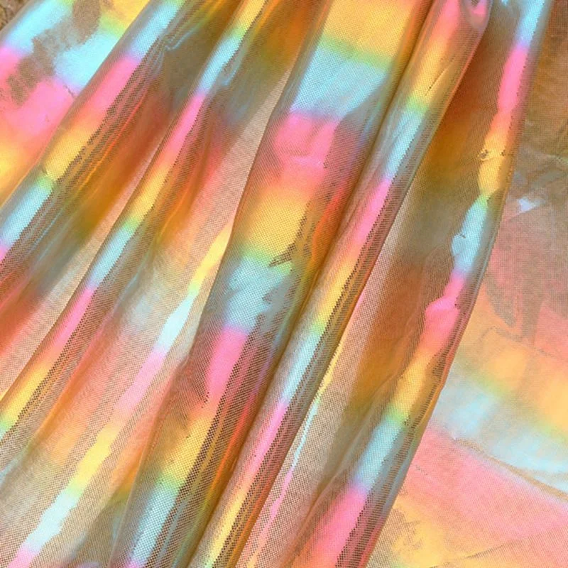 
100% polyester rainbow holographic foil fabric hologram hot stamping foil fabric lycra print foil knit fabric 