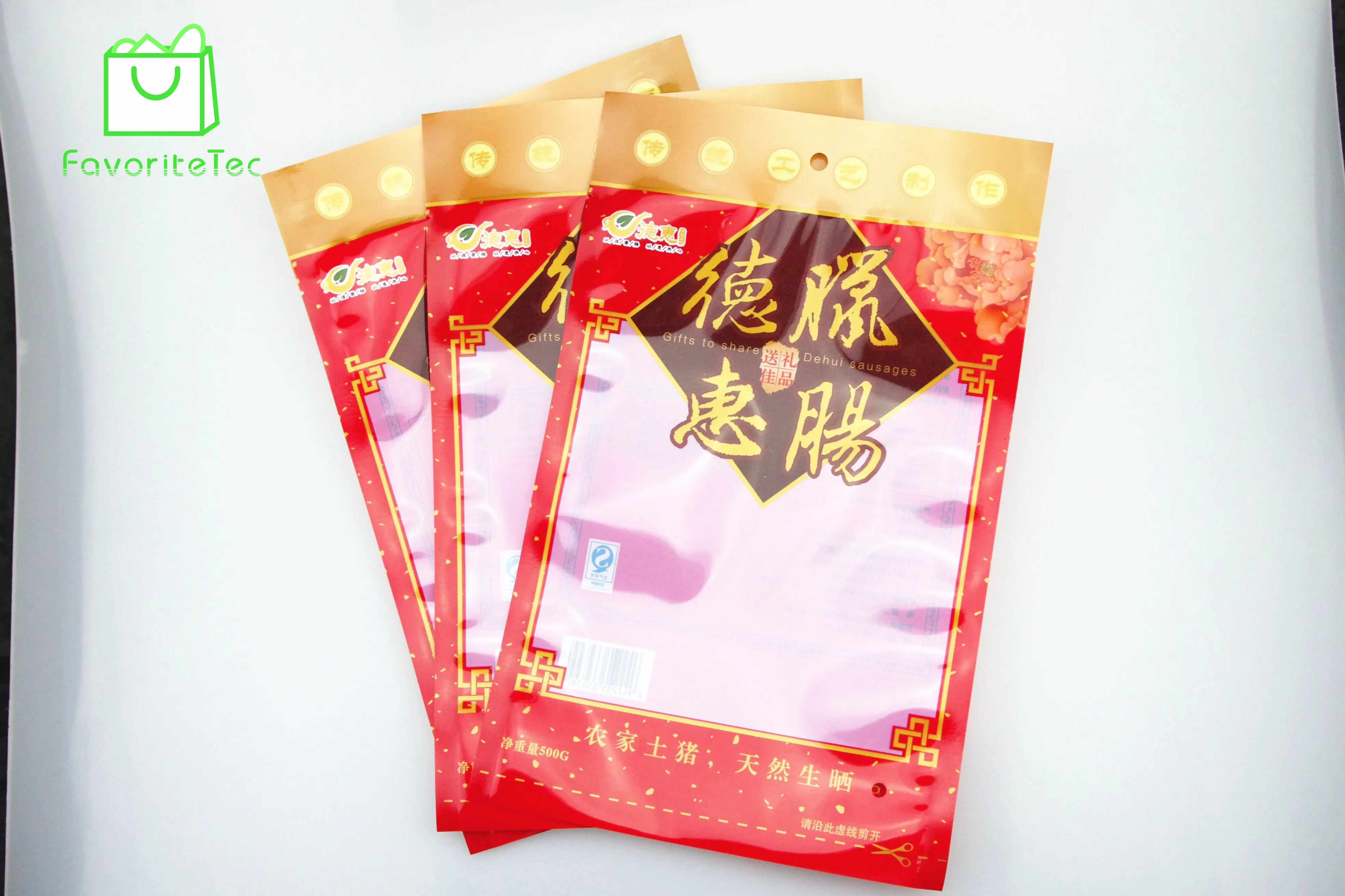 Manufacturer three side seal plastic bag with notch for Sausage food packaging