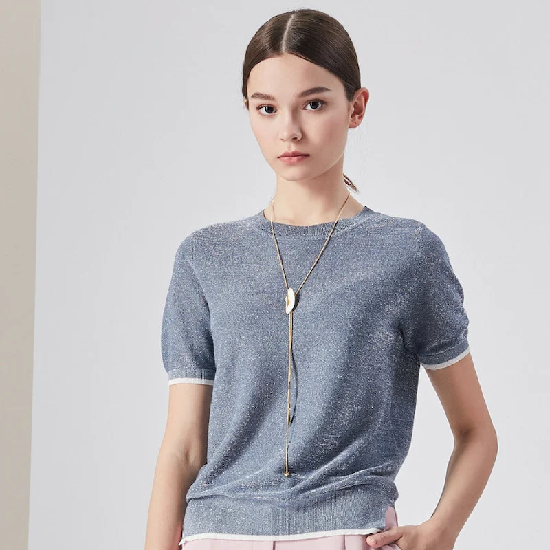 Spring Summer Custom Women Shaker Knit Design Short Sleeve Sweater