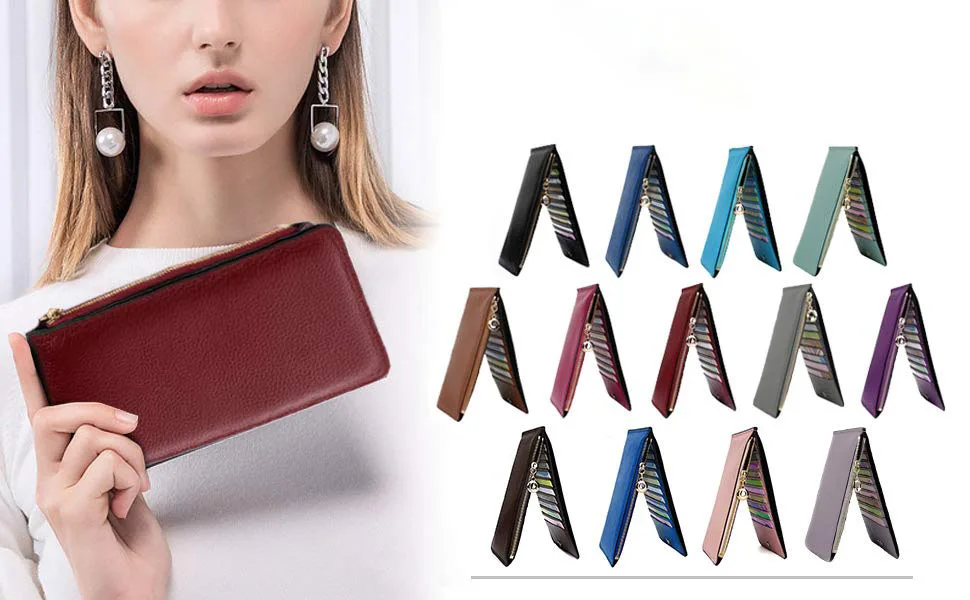 Womens Wallet Blocking Bifold Multi Card Case Litchi Thin Wallet with Zipper Pocket