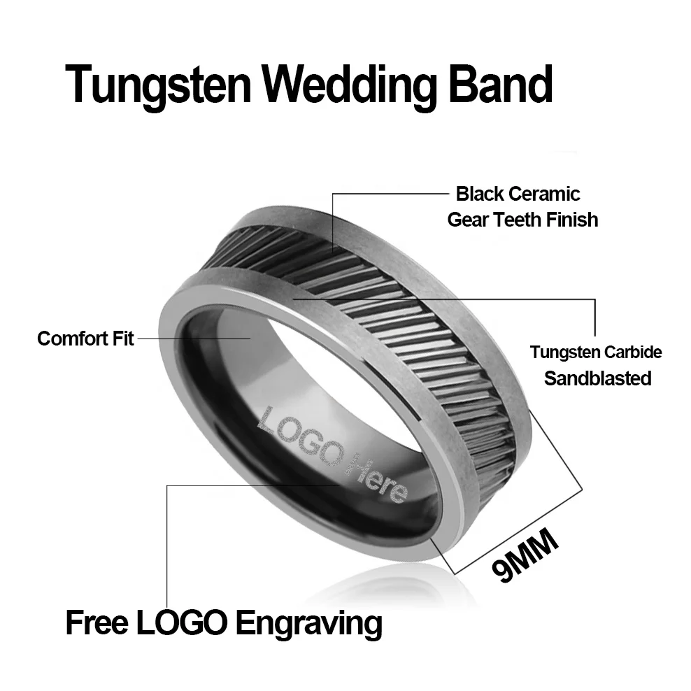 HELIX Rotating Gear Teeth Ceramic Mens Black Tungsten Carbide Ring