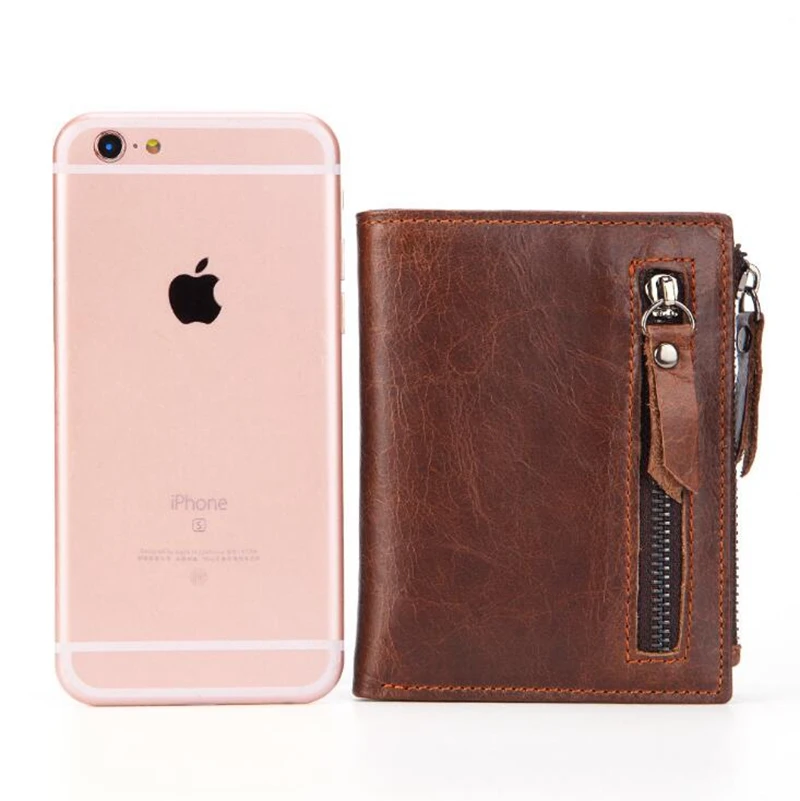 
Dreamtop DTE502 front zipper pocket brown leather wallet customized OEM vintage style short money wallet 