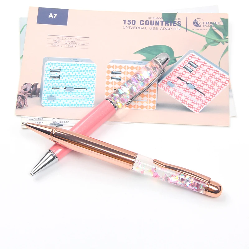 New fashion design custom logo liquid glitter floating ball pen metal gift pen for woman